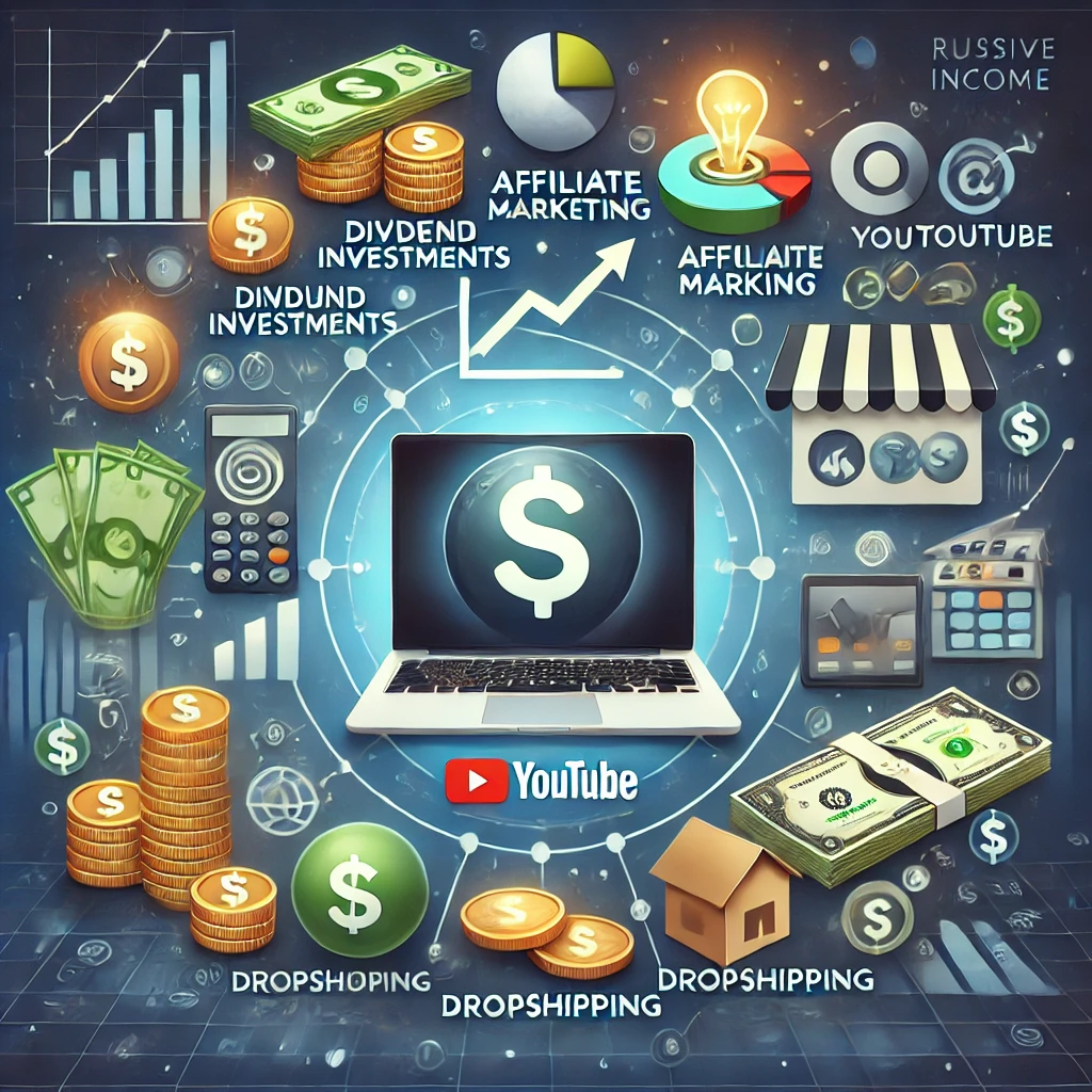 DALL·E 2025-03-10 15.43.32 - A modern and professional illustration representing passive income. The image should include various elements symbolizing different income sources, su Renda passiva Hoje